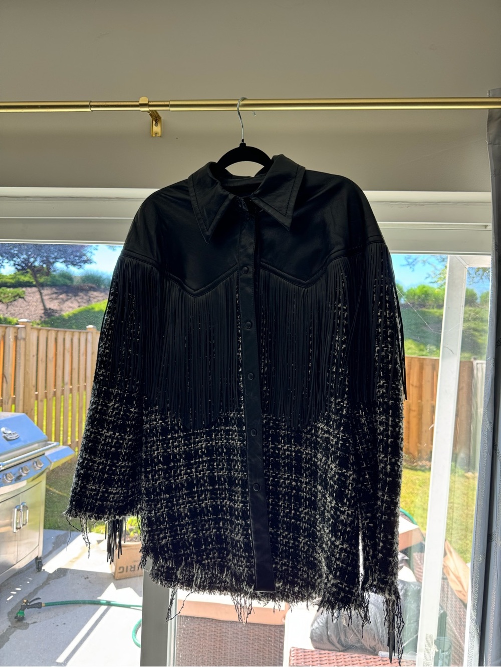 Black Fringe Leather-Tweed Mixed Jacket